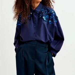 Essentiel Antwerp Gdog Sequin & Beaded Embroideries Shirt - Navy